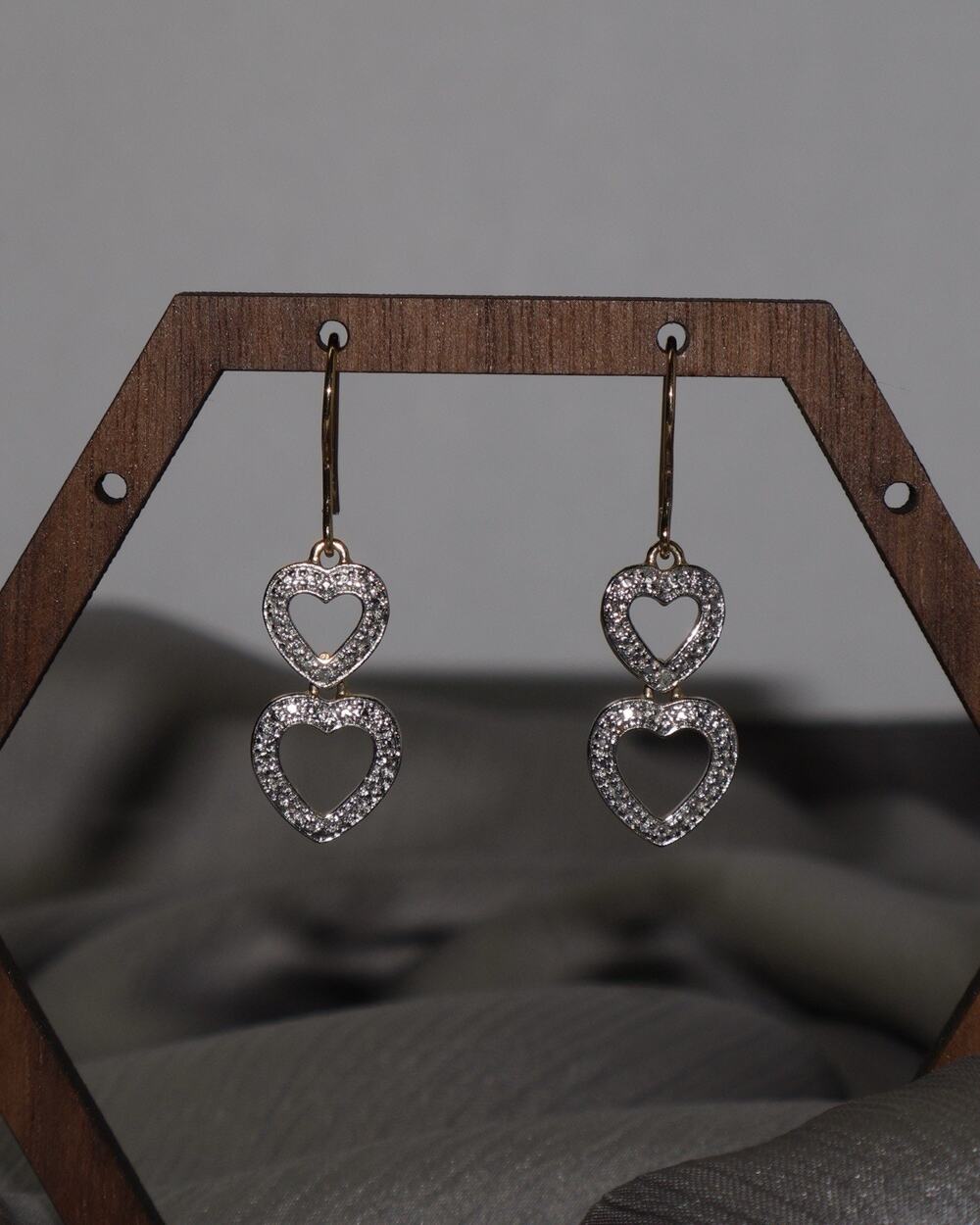 PAJ Sterling Silver Diamond Paved Double Heart Dangle Earrings 2.6G / 1.4in